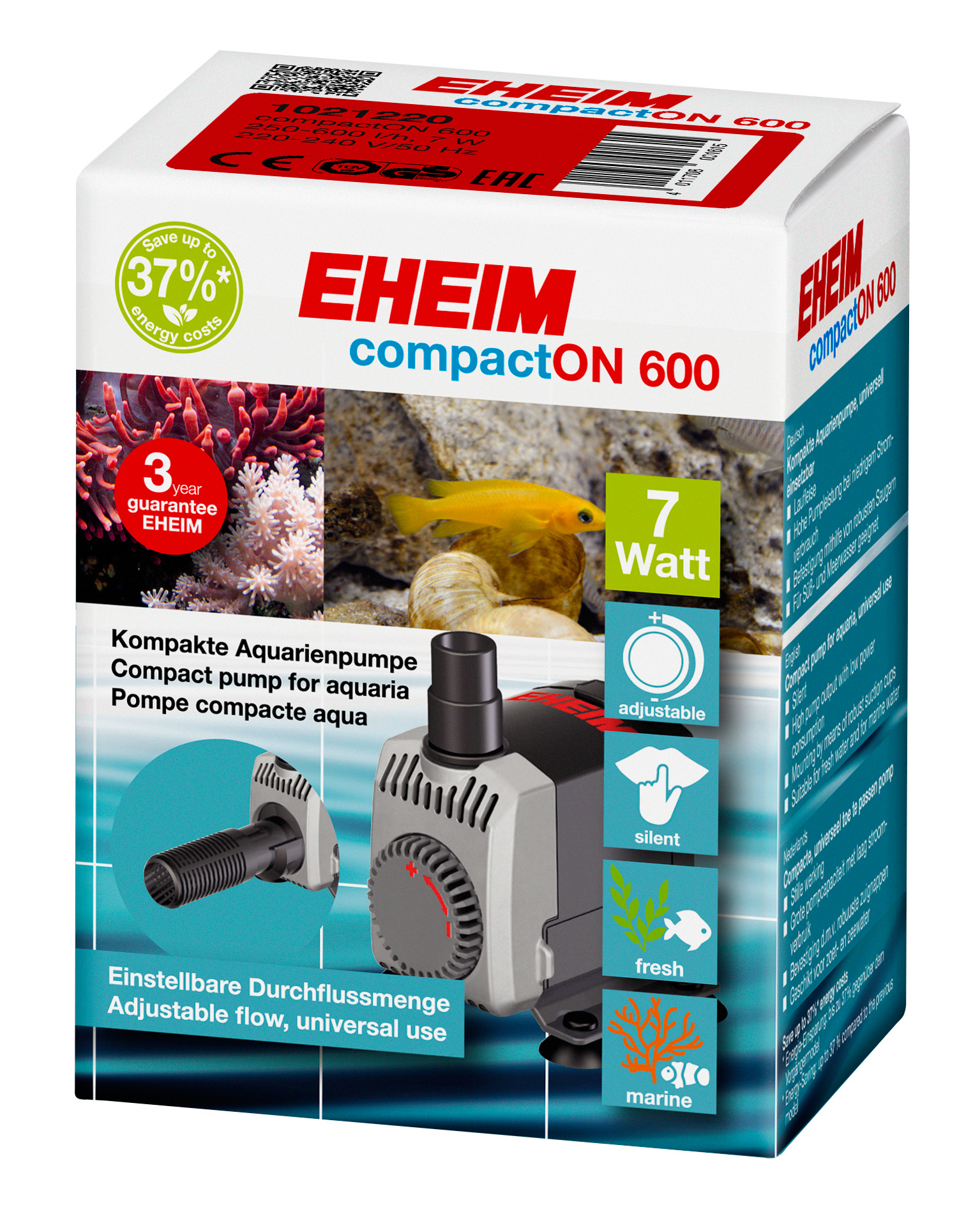 EHEIM compactON Pumpe 600, 600l/h Wasserpumpe, Förderhöhe 1m, 7W